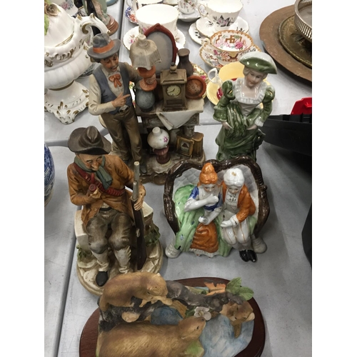 374 - A QUANTITY OF FIGURINES TO INCLUDE CAPODIMONTE STYLE, STAFFORDSHIRE STYLE, PLAQUES, ETC