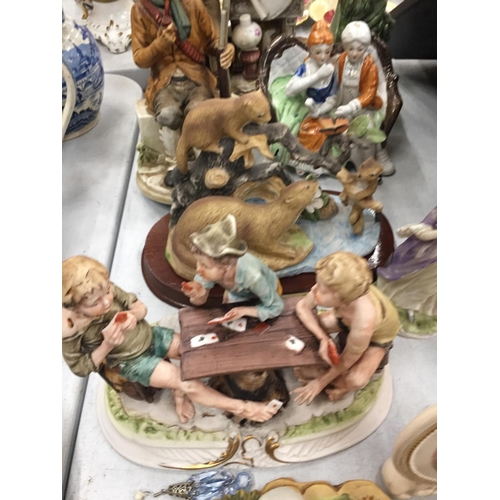 374 - A QUANTITY OF FIGURINES TO INCLUDE CAPODIMONTE STYLE, STAFFORDSHIRE STYLE, PLAQUES, ETC