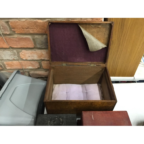 801A - FOUR VINTAGE WOODEN BOXES TO INCLUDE A TILL, FILE BOX, ETC