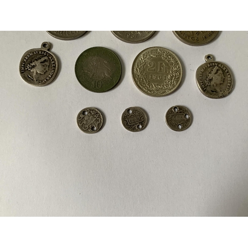 337 - VARIOUS COINS TO INCLUDE FIVE PENCE,  TWO SHILLINGS, TWO FRANC ETC