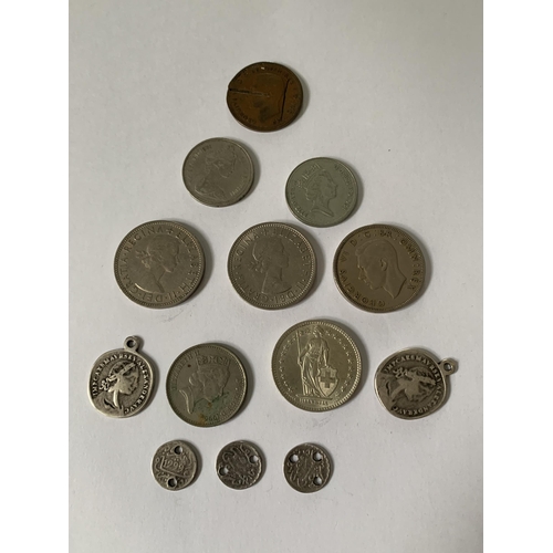 337 - VARIOUS COINS TO INCLUDE FIVE PENCE,  TWO SHILLINGS, TWO FRANC ETC