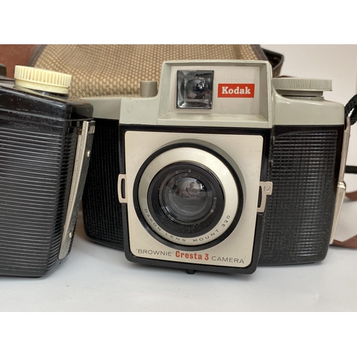 115 - THREE VINTAGE KODAK CAMERAS - BROWNIE 44A, CRESTA AND CRESTA 3