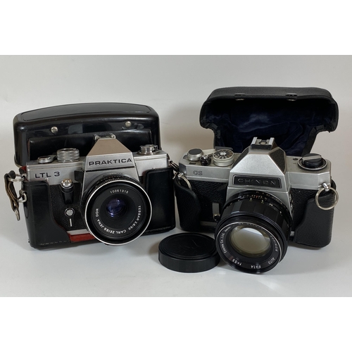 123 - TWO VINTAGE CASED CAMERAS - PRAKTICA LTL 3 FITTED WITH CARL ZEISS JENA TESSAR 2.8/50MM LENS AND A CH... 