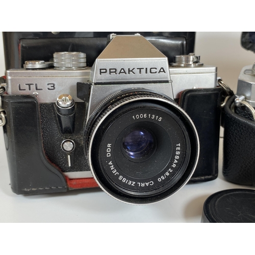 123 - TWO VINTAGE CASED CAMERAS - PRAKTICA LTL 3 FITTED WITH CARL ZEISS JENA TESSAR 2.8/50MM LENS AND A CH... 