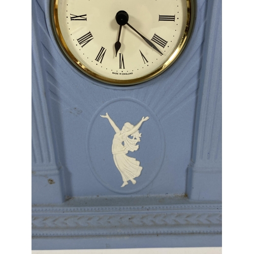 710 - A WEDGWOOD BLUE JASPERWARE MILLENIUM 2000 DANCING HOURS MANTLE CLOCK