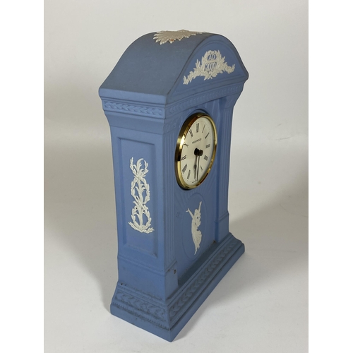 710 - A WEDGWOOD BLUE JASPERWARE MILLENIUM 2000 DANCING HOURS MANTLE CLOCK