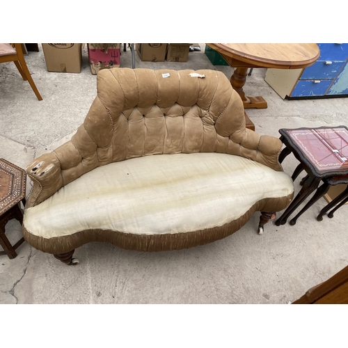 2797 - A VICTORIAN SPRUNG AND UPHOLSTERED SERPENTINE FRONTED COUCH ON CLARKE & CUMMINS BRASS AND PORCELAIN ... 