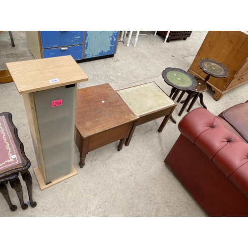 2799 - AN INLAID PIANO STOOL, TWO WINE TABLES, OCTAGONAL OCCASIONALTABLE, SQUARE BOX COMMODE AND CD RACK