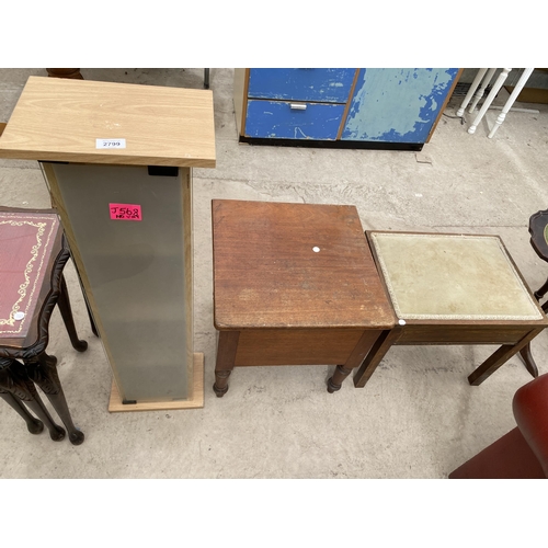 2799 - AN INLAID PIANO STOOL, TWO WINE TABLES, OCTAGONAL OCCASIONALTABLE, SQUARE BOX COMMODE AND CD RACK