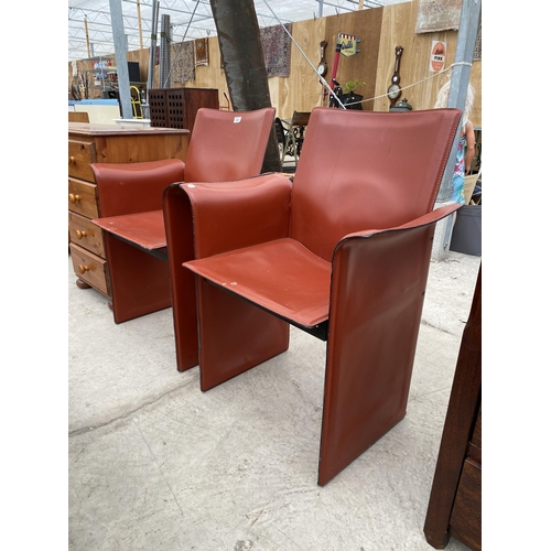 2802 - A PAIR OF BROWN FAUX LEATHER ARM CHAIRS ON METALWARE FRAME WITH OVERCAPPING ARMS