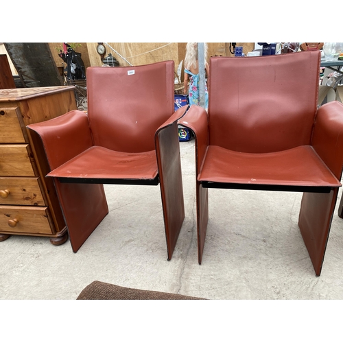 2802 - A PAIR OF BROWN FAUX LEATHER ARM CHAIRS ON METALWARE FRAME WITH OVERCAPPING ARMS