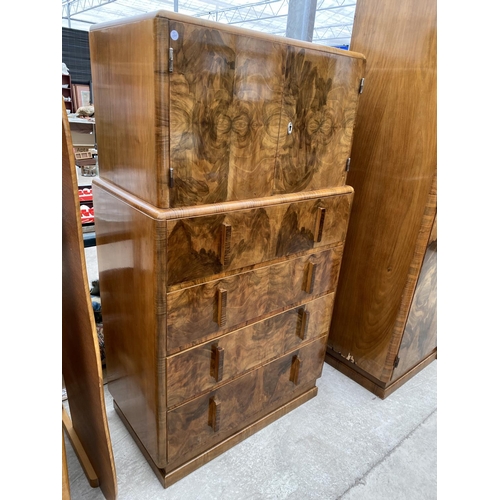 2814 - AN ART DECO WALNUT FOUR PIECE BEDROOM SUITE COMPRISING OF WARDROBE, DRESSING TABLE, TALLBOY AND BEDS... 