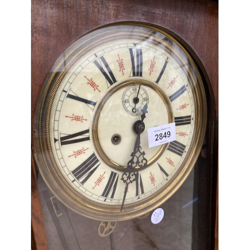 2849 - A VICTORIAN WALNUT 8 DAY WALL CLOCK WITH ROMAN NUMERALS AND TWO WEIGHTS