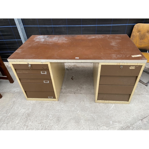 2851 - A 20TH CENTURY TWIN PEDESTAL DESK ENCLOSING FIVE DRAWERS, 60