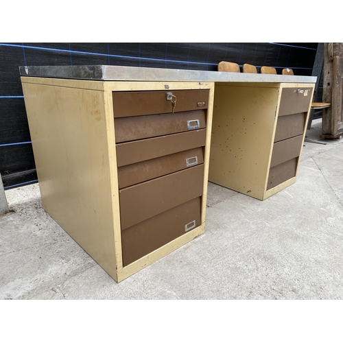 2851 - A 20TH CENTURY TWIN PEDESTAL DESK ENCLOSING FIVE DRAWERS, 60