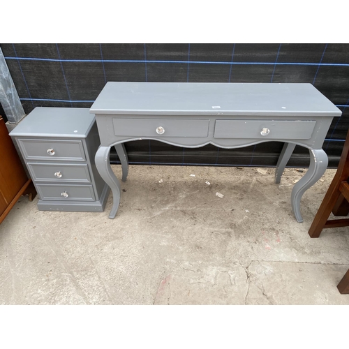 2853 - A MODERN PAINTED CONSOLE TABLE ON CABRIOLE LEGS WITH TWO DRAWERS HAVING GLASS KNOBS AND SIMILAR BEDS... 