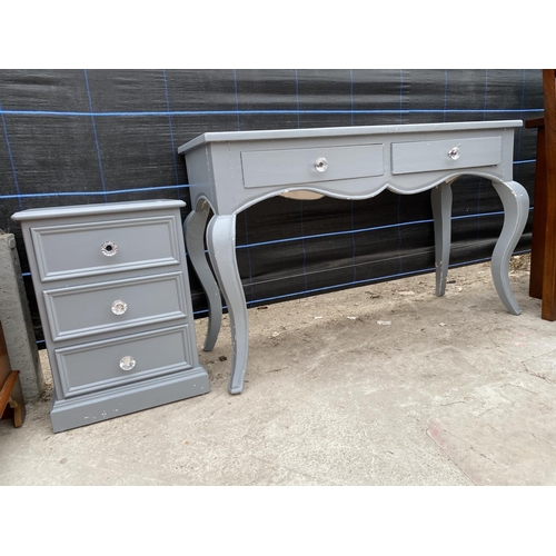 2853 - A MODERN PAINTED CONSOLE TABLE ON CABRIOLE LEGS WITH TWO DRAWERS HAVING GLASS KNOBS AND SIMILAR BEDS... 