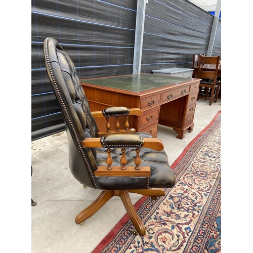 2854 - A MODERN YEW WOOD TWIN PEDESTAL DESK WITH INSET LEATHER TOP ENCLOSING EIGHT DRAWERS, 60