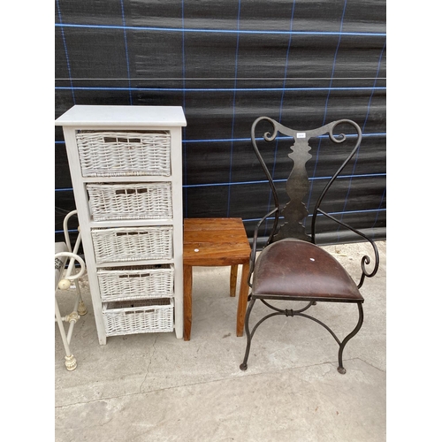 2856 - A MODERN CAST IRON FRAMED ARMCHAIR, A SMALL HARDWOOD LAMP TABLE AND A WHITE WICKER BATHROOM CHAIR