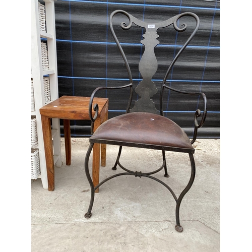 2856 - A MODERN CAST IRON FRAMED ARMCHAIR, A SMALL HARDWOOD LAMP TABLE AND A WHITE WICKER BATHROOM CHAIR