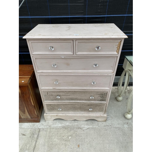 2859 - A MODERN PINE PAINTED CHEST OF TWO SHORT AND FOUR LONG DRAWERS WITH GLASS KNOBS, 36