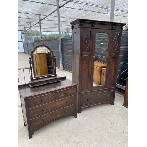 2870 - AN EARLY 20TH CENTURY OAK TWO PIECE BEDROOM SUITE COMPRISING OF MIRROR DOOR WARDROBE AND DRESSING CH... 