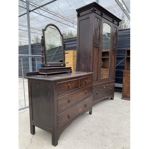 2870 - AN EARLY 20TH CENTURY OAK TWO PIECE BEDROOM SUITE COMPRISING OF MIRROR DOOR WARDROBE AND DRESSING CH... 