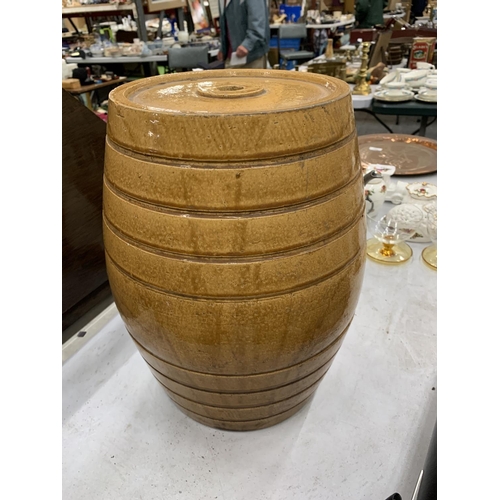 350 - A LARGE STONEWARE 'VINEGAR' BARRELL WITH TAP TO THE BASE, BY PRICE AND SONS