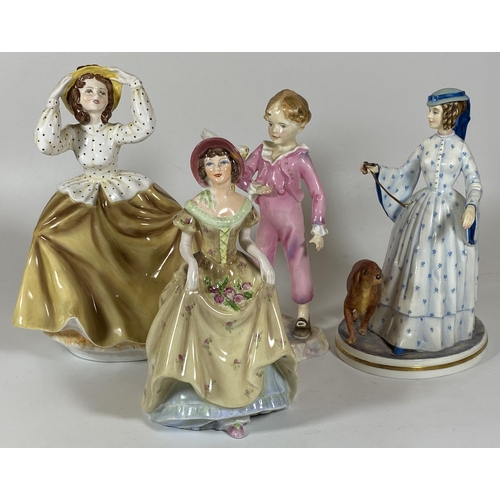 108 - A GROUP OF FOUR CERAMIC FIGURES TO INCLUDE ROYAL WORCESTER FELICITY FIGURE WITH DOG, ROYAL WORCESTER... 