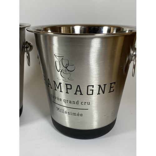 116 - A PAIR OF CHROME EFFECT CHAMPAGNE GRAND CRU ICE BUCKETS, HEIGHT 21CM