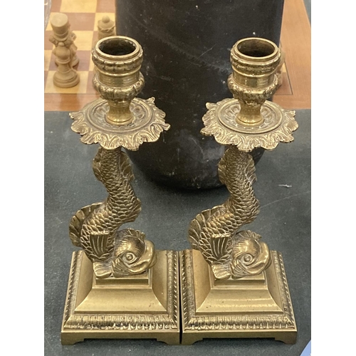 146 - A PAIR OF VINTAGE BRASS DOLPHIN CANDLESTICKS HEIGHT 22CM