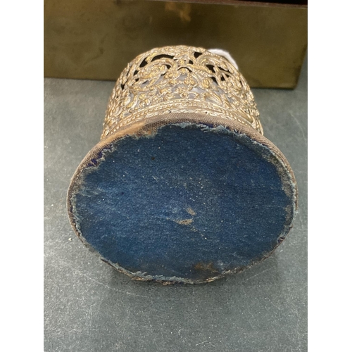 150 - A VICTORIAN BRASS STRING HOLDER WITH FILIGREE DESIGN