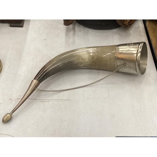 154 - A HORN MADE FROM HORN AND SILVER PLATE