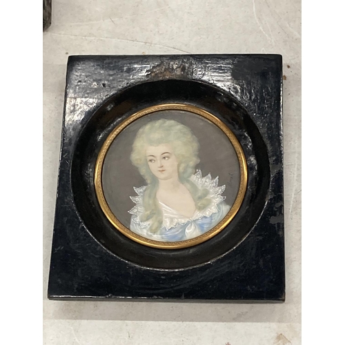 174 - A 19TH CENTURY HAND PAINTED PORTRAIT OF A LADY, SIGNED MONET, IN EBONISED WOODEN FRAME, 10 X 9CM