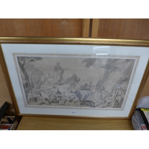 357 - AN ANTIQUE PEN AND INK DRAWING OF MOSES STRIKING THE ROCK TO BRING FORTH WATER, 42X76CM, FRAMED AND ... 