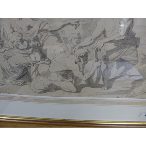 357 - AN ANTIQUE PEN AND INK DRAWING OF MOSES STRIKING THE ROCK TO BRING FORTH WATER, 42X76CM, FRAMED AND ... 