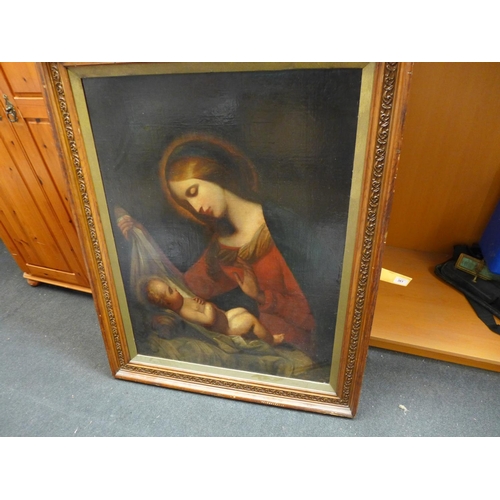 361 - A 19TH CENTURY PAINTING OF THE MADONNA AND CHILD, OIL ON BOARD, 97CM X 72CM, FRAMED TOGETHER WITH A ... 