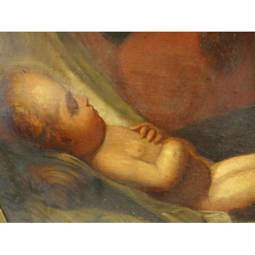 361 - A 19TH CENTURY PAINTING OF THE MADONNA AND CHILD, OIL ON BOARD, 97CM X 72CM, FRAMED TOGETHER WITH A ... 