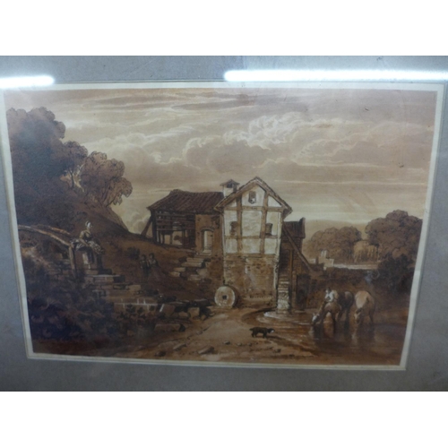 364 - R. DUNKANTON (19TH CENTURY) 'WATER MILL' BROWN WASH, 18CM X 26CM, COLLECTOR LABEL VERSO, FRAMED AND ... 