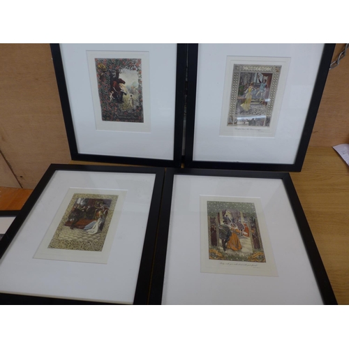 371 - A SET OF SEVEN HAND COLOURED GRAVURE ETCHINGS OF WILLIAM SHAKESPEARES PLAYS, TO INCLUDE HAMLET, MERC... 