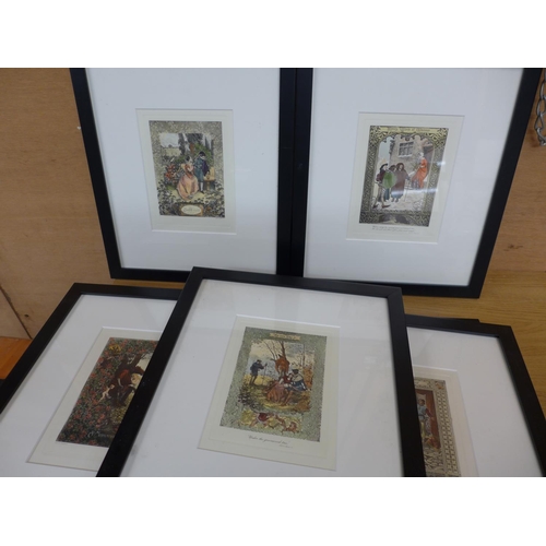 371 - A SET OF SEVEN HAND COLOURED GRAVURE ETCHINGS OF WILLIAM SHAKESPEARES PLAYS, TO INCLUDE HAMLET, MERC... 