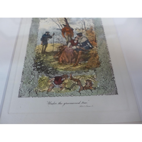 371 - A SET OF SEVEN HAND COLOURED GRAVURE ETCHINGS OF WILLIAM SHAKESPEARES PLAYS, TO INCLUDE HAMLET, MERC... 