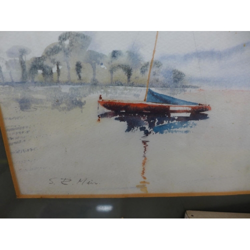 373 - S.R. MEIN 'SAILING BOAT AT ANCHOR' WATERCOLOUR, SIGNED, 33CM X 36CM, FRAMED AND GLAZED, THREE SIGNED... 