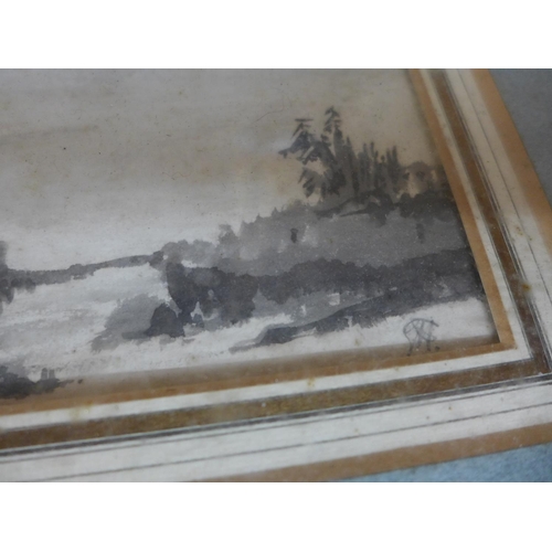 377 - MANNER OF SIR GEORGE HAYTER (1792-1871) CASTLE LANDSCAPE, MONOCHROME WATERCOLOUR, BEARS INITIALS, 13... 