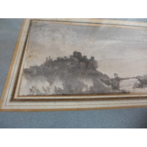 377 - MANNER OF SIR GEORGE HAYTER (1792-1871) CASTLE LANDSCAPE, MONOCHROME WATERCOLOUR, BEARS INITIALS, 13... 