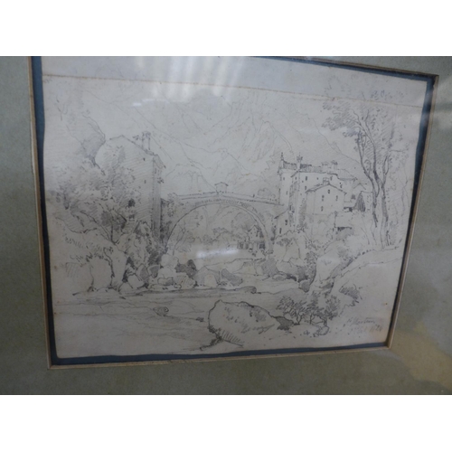 377 - MANNER OF SIR GEORGE HAYTER (1792-1871) CASTLE LANDSCAPE, MONOCHROME WATERCOLOUR, BEARS INITIALS, 13... 