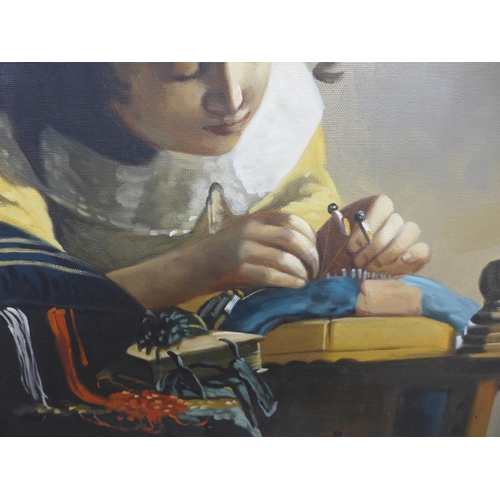 378 - DANIEL (LATE 20TH/EARLY 21ST CENTURY) WOMAN DOING NEEDLEWORK, IN THE MANNER OF VEMEER, OIL ON CANVAS... 