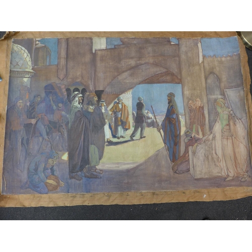 380 - A LARGE EARLY 20TH CENTURY OIL ON CANVAS DEPICTING AN ARAB SCENE, 82X124CM