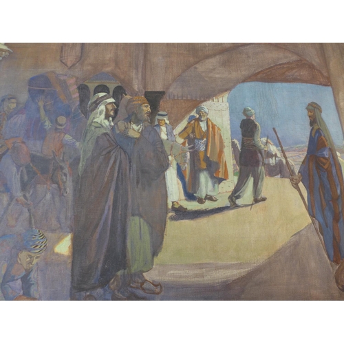 380 - A LARGE EARLY 20TH CENTURY OIL ON CANVAS DEPICTING AN ARAB SCENE, 82X124CM