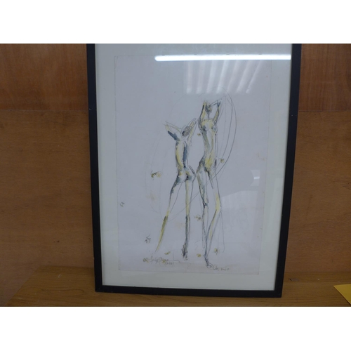 381 - CABE (LATE 20TH CENTURY) 'SPRING DANCERS', PEN AND WATERCOLOUR, SIGNED AND DATED 87, 55X38CM, FRAMED... 